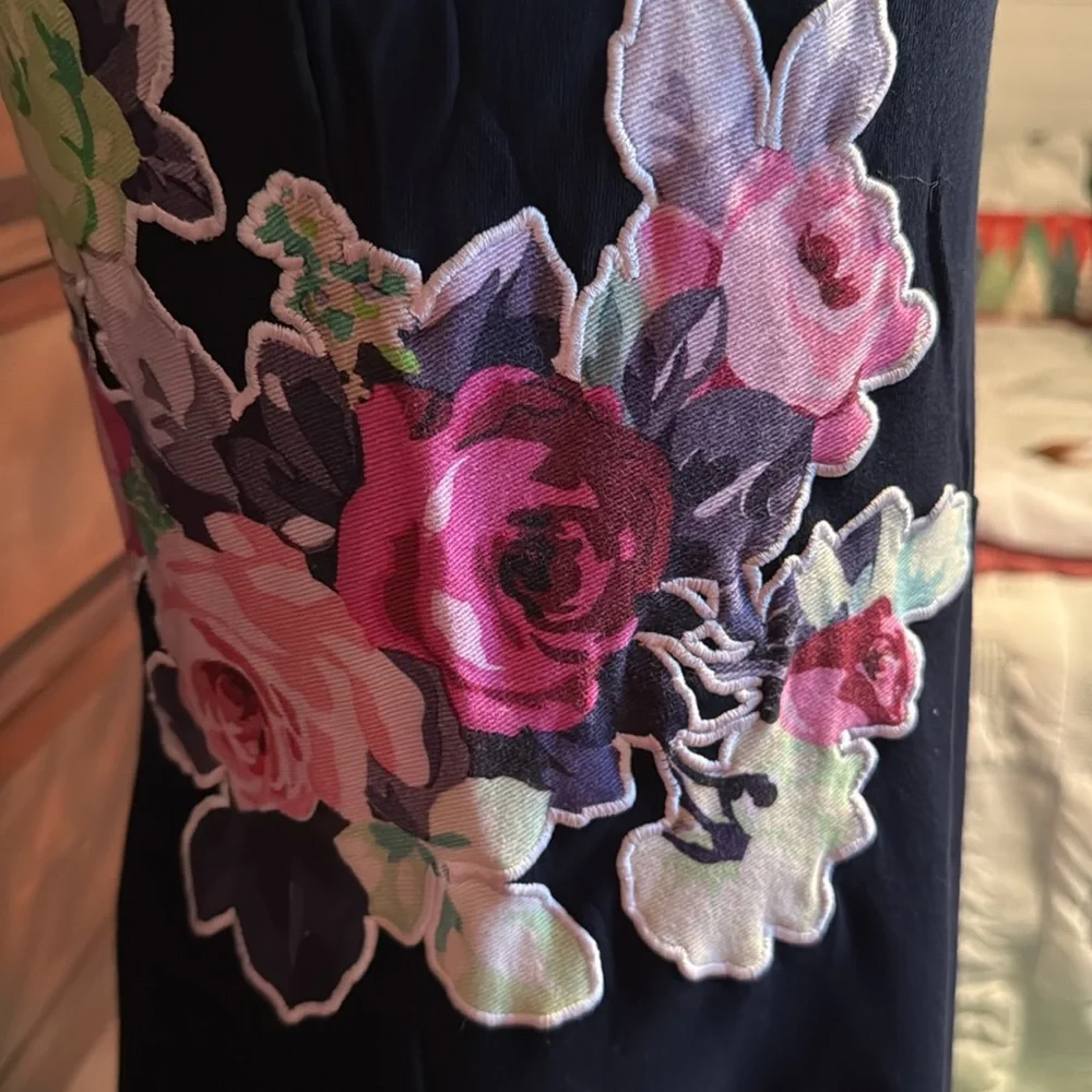 Carven Navy Dress with Pink Floral Accents-A Line-Pockets-Size S